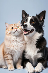 Fototapeta premium Border Collie and Tabby Cat Sitting Together on blue Background