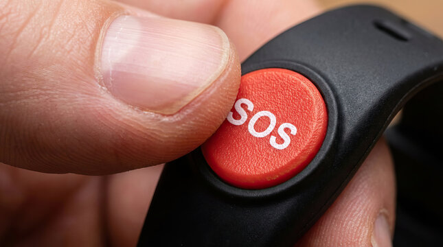 Emergency button close up with finger pressing red SOS alert on black device, symbolizing urgent help request and safety protection in critical situations
