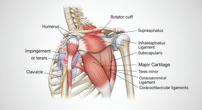 Detailed Anatomical Illustration of the Human Shoulder Joint and Rotator Cuff Muscles.