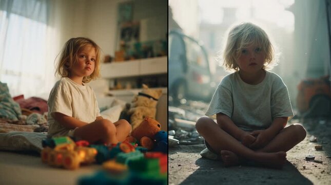 A young Caucasian girl with short blond hair sits on the floor surrounded by colorful toys. The scene contrasts a bright room with a dim, chaotic background.