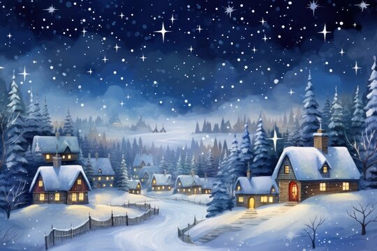 Winter village scene with snow covered cottages illuminated under a starry night