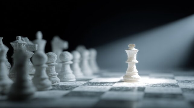 White King Chess Piece Illuminated in Dramatic Light Surrounded by Other Pieces on a Checkered Board