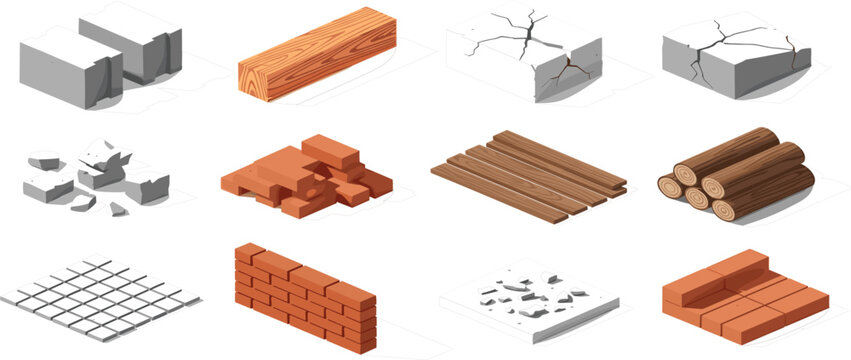 Isometric construction materials collection with concrete blocks, wooden beams, bricks, logs and rubble