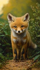 Fototapeta premium Charming Close Up of a Playful Little Red Fox Cub in Vibrant Green Grass, Nature s Wonders Captured