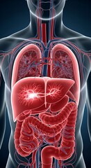 Anatomical Illustration of Human Digestive System and Lungs.