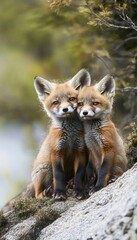 Fototapeta premium Two Adorable Red Fox Cubs Playfully Embracing on a Mossy Rock in a Serene Woodland Environment