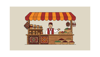 Vibrant street vendor selling exotic spices and goods