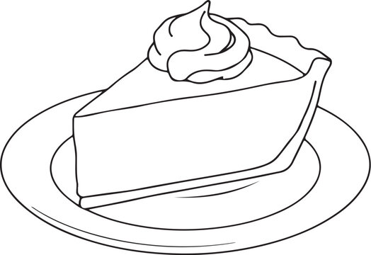 Key Lime Pie Slice on Plate Hand-drawn Sketch Drawing Vector Illustration, Line Linear Symbol Black and White Engraving, Isolated