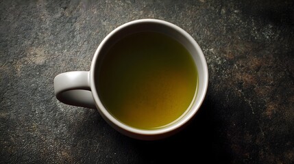 Overhead view of a steaming mug of vibrant green tea on a dark textured surface