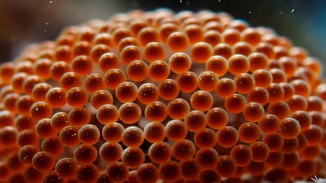 Close up of salmon eggs reveals vibrant orange color and intricate spherical pattern of roe texture and detail