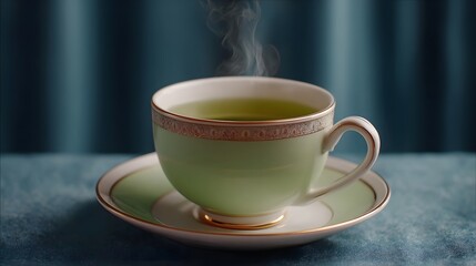 Fototapeta premium A steaming cup of hot green tea in an elegant porcelain teacup set against a dark blue backdrop