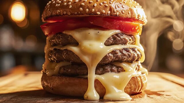 Delicious triple cheeseburger with melted cheese and fresh tomato, close-up shot