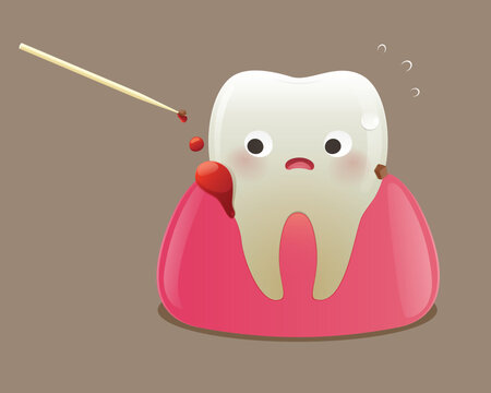 Cute cartoon tooth with bleeding gum caused by aggressive toothpick use, illustrating oral injury, gum damage, pain, and the importance of proper dental hygiene and safe cleaning habits.