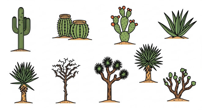 Various desert cacti and succulents plants on white background including joshua trees and agave
