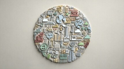 Fototapeta premium Colorful Abstract Geometric Composition Featuring Various Elements of Urban Life and Nature in Circular Arrangement
