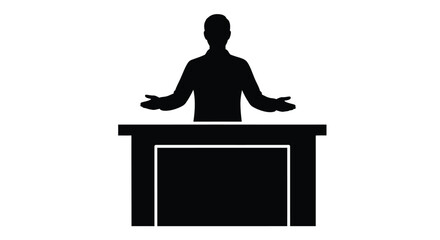 A speaker stands at a podium presenting with open arms silhouette © MdRabby