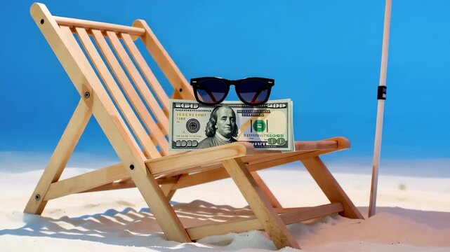 Conceptual clip of beach chair stack of money and sunglasses on the sand vacation investment