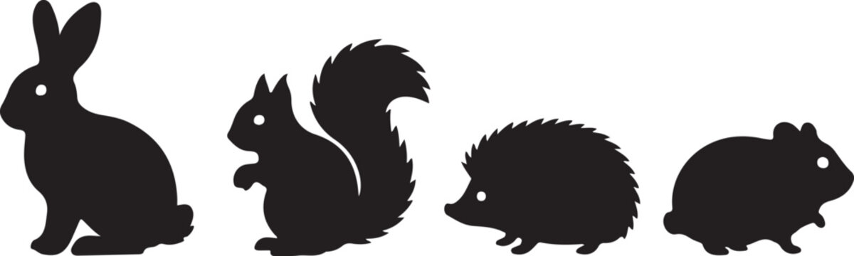 Set of four small mammal silhouettes including rabbit, squirrel, hedgehog and hamster, isolated on white background