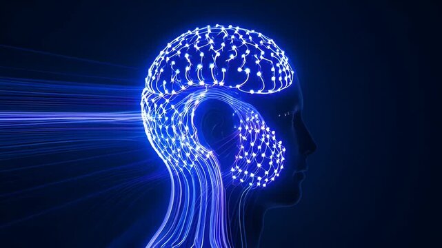 Blue human head outline with glowing brain and connection nodes art