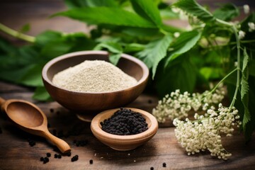 Natural herbal remedies and ingredients prepared for holistic healthcare on a wooden surface