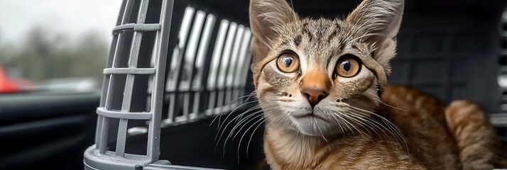 Curious Cat Safely Secured in Carrier, Ready for a Fun Road Trip Adventure Across America.