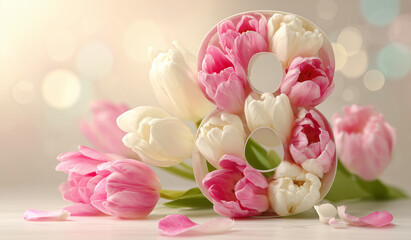 Fototapeta premium Floral Number 8 Made of Pink and White Tulips, Women’s Day Spring Elegant spring composition featuring a decorative number 8 filled with soft pink and white tulips. International Women’s Day