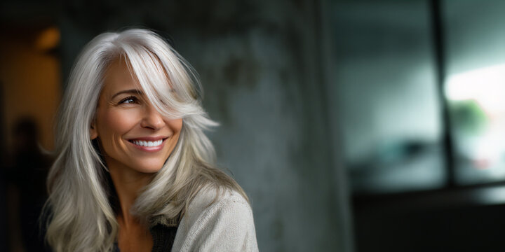 long layered hairstyle for women over 50 side view portrait, happy mature woman with long white layered hair side swept style