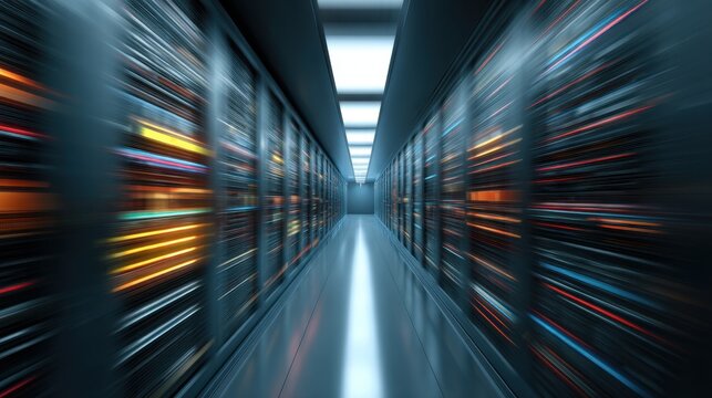 Modern Data Center Corridor with Blurry Server Racks and Digital Light Trails