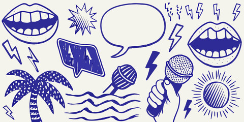 Playful blue doodle set featuring mouths microphones and tropical elements © Sunil123
