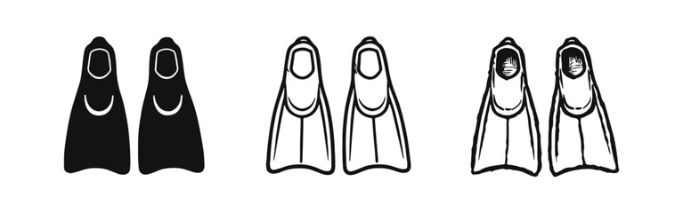 Diving Fins or Flippers Icons Set: Solid, Outline, and Hand-Drawn Styles © drawing lines