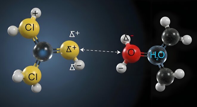 Molecular interaction between chloroform and water molecules.