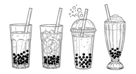 Hand Drawn Bubble Tea Drinks Collection Black and White Vector Illustration