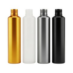 Four different colored bottles lined up against a white background isolated on white background