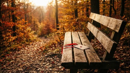 Old wooden park bench with an antique envelope and red ribbon left on it in a vibrant autumn forest setting with warm sunset light and copy space for a romantic or nostalgic concept.