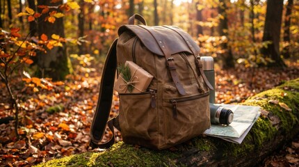 Brown canvas and leather hiking backpack with a gift and thermos resting on a mossy log in a vibrant autumn forest for travel adventure concept.