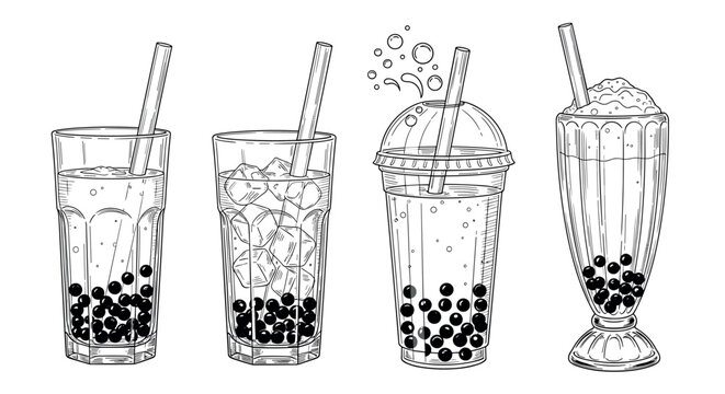 Hand Drawn Bubble Tea Drinks Collection Black and White Vector Illustration