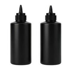 Two black plastic bottles with black caps and black nozzles on a white background isolated on white background