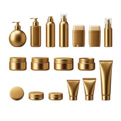 Assorted golden cosmetic containers and packaging displayed in a grid. isolated on white background