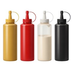 Four condiment bottles in various colors filled with different sauces. isolated on white background