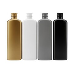 Assorted colored plastic bottles with pump dispensers in a row isolated on white background