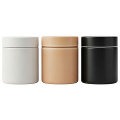 Three elegant jars in white, beige, and black colors standing in a row isolated on white background