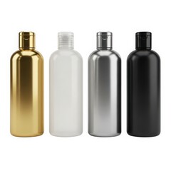 Assorted bottles in different colors and materials for various uses isolated on white background