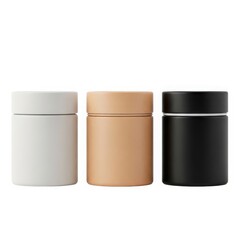 Three ceramic jars in white, light brown, and black colors standing side by side. isolated on white background