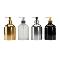 Four elegant pump bottles in gold, white, silver, and black isolated on white background