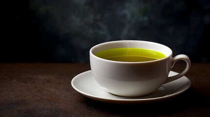 Fototapeta premium A steaming cup of vibrant green tea rests on a white saucer against a dark textured background
