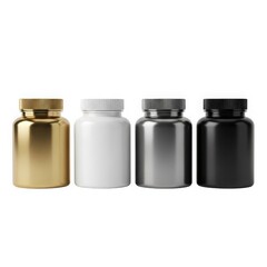 Four different colored plastic bottles with gold, white, silver, and black caps isolated on white background