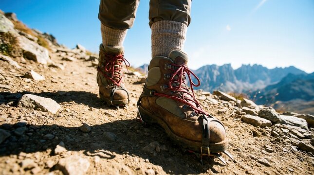 Rugged hiking boots with crampons walking on a rocky mountain trail under a clear blue sky, symbolizing outdoor adventure.