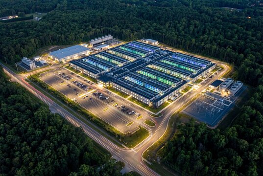 Hyperscale data center campus aerial view at dusk surrounded by forest
