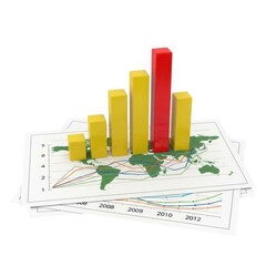 Colorful bar graph representing data distribution on a world map background isolated on white background