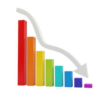 A colorful bar chart with a downward pointing arrow indicating a decrease isolated on white background